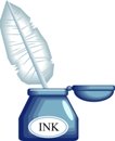 The picture is of a small, light blue ink bottle with the word 