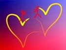 The pic is of two hearts outlined with yellow ribbon-like lines. On one heart, stands a tiny woman, and on the other, a man -- reaching for each other. The background is a red and purplish blue blend.